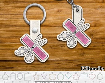 Schere, Kamm Stickerei Schlüsselanhänger Design, Snap & Öse Key Fob Tab (Digitaler Download) ITH 113yy