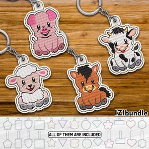 Diseño de llavero bordado de animales de granja: Pestaña para llavero con ojal (descarga digital) ITH