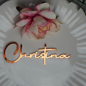 Tarjetas de lugar con espejo de cobre, nombres personalizados cortados con láser, etiquetas de nombre de acrílico para eventos personalizados, tarjetas de lugar de boda de acrílico, decoración de mesa, boda de lujo