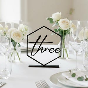 May include: A black table number displaying the word 'Three' in a decorative font, placed on a white tablecloth. The table is set with white roses, glassware, and cutlery, creating an elegant setting for a wedding or event.