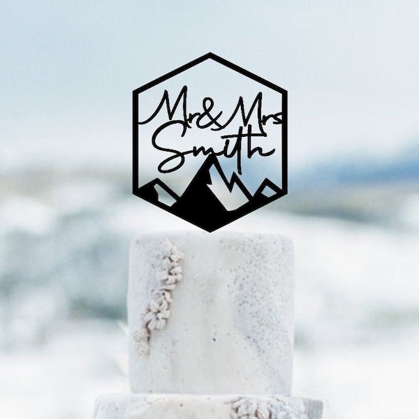 Mountain Wedding  Cake topper ,Personalized cake topper, Custom Mr Mrs cake topper, Outdoor wedding cake topper