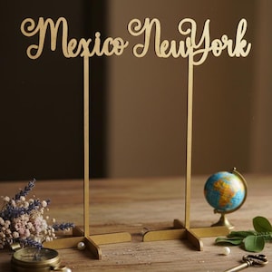 Puede incluir: Un letrero de madera dorada con las palabras "Mexico New York" en una fuente cursiva. El letrero está sostenido por dos soportes. Un pequeño globo terráqueo, flores, una brújula, perlas y una llave están sobre la superficie de madera.