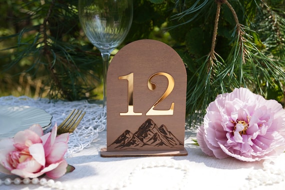 Table Numbers for Wedding Reception, Mountain Table Numbers Rustic Mountain decor Adventure Wedding Decor Personalized Wooden Table Signs