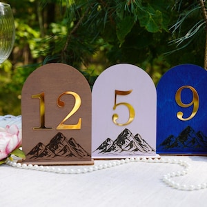 Mountain Wedding Table Numbers, Rustic Wooden Wedding Reception Decor, Adventure Wedding Table Signs, Personalized Table Numbers