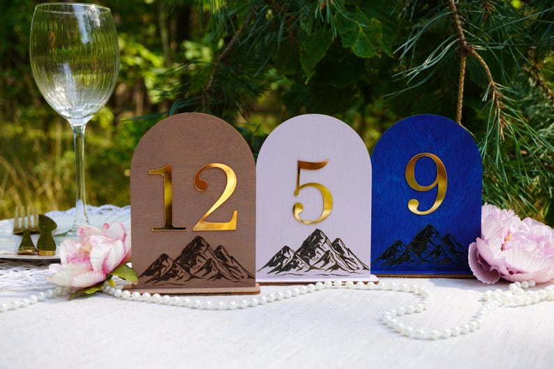 Mountain Wedding Table Numbers, Rustic Wooden Wedding Reception Decor, Adventure Wedding Table Signs, Personalized Table Numbers