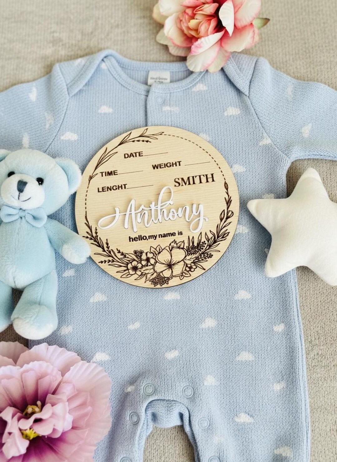 Baby Announcement Sign With Birth Stats | Matching Name Plate | Wood ...