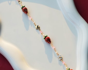 Handcrafted Enamel Strawberry Bracelet | Cute & Delicate, Perfect for Everyday Wear