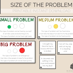 以下が含まれることがあります： 小さい、中くらい、大きいという3つの異なる問題のサイズが書かれた印刷可能なチャートです。各サイズには、問題の説明と例が示されています。このチャートは、子供たちがさまざまな問題の種類とその解決方法を学ぶのに役立ちます。