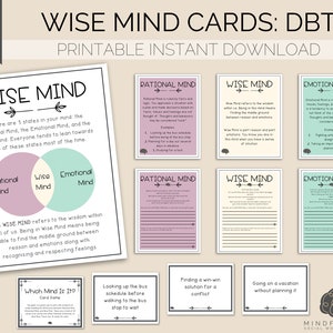 May include: Printable DBT Wise Mind Cards with a pink, green, and yellow colour scheme. The cards feature the text "Wise Mind", "Rational Mind", and "Emotional Mind" with arrows pointing in different directions. The cards also include examples of each mind state.