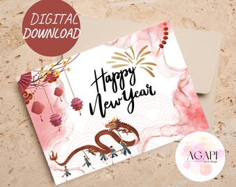 Tarjeta de Año Nuevo imprimible, descarga instantánea, tarjeta de 7 x 5 pulgadas para Año Nuevo, tarjeta de Año Nuevo para descargar, Feliz Año Nuevo