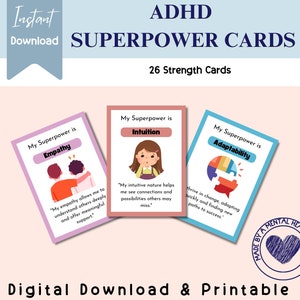 ADHD Superpower Stärke Karten für Exekutivfunktion und Bewältigungsfähigkeiten, Denkweise, sozial emotionales Lernen, SEL, Kindertherapie, gad