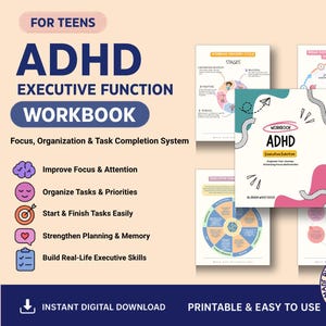 Puede incluir: Cuaderno de trabajo de la función ejecutiva para adolescentes con TDAH. La portada muestra el título en azul, con "Focus, Organization & Task Completion System" debajo. El cuaderno tiene 61 páginas y es una descarga digital imprimible.
