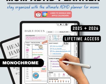 2026 Mom ADHD Digital Planner(Monochrome): Weekly, Daily, Habit Tracker (Goodnotes/Android) (Digital Download)