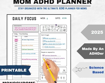 ADHD Printable Planner for Mom - Daily & Weekly Planner, Habit Tracker, Brain Dump, Self-Care Journal