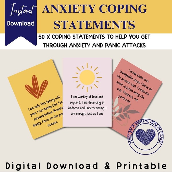 Anxiety Statement Flashcards Set - Self Care Cards for Grounding Techniques & Therapy Office Decor, Affirmation Cards for Social Psychology