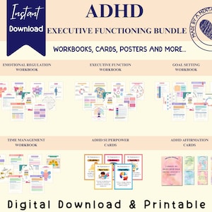 ADHD Worksheet-bundel uitvoerend functioneren voor tieners, tijdmanagement, zelfregulatie, copingvaardigheden, ADHD-vaardigheden, angst, therapiehulpmiddelen
