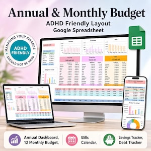 May include: A digital financial planning tool displayed on a laptop, desktop monitor, and smartphone. The screens show budget spreadsheets with charts and graphs. Text includes "Annual & Monthly Budget" and "ADHD Friendly Layout Google Spreadsheet."