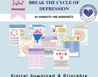 May include: A digital download of 64 printable handouts and worksheets to help break the cycle of depression. The worksheets feature colorful illustrations and text such as "Reversing the Cycle of Depression", "The Depression Iceberg", "The Cause of Depression", "Depression Trigger Checklist", "Helping Depression with Happy Chemicals", and "Feelings Tracker".