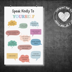 Póster de afirmaciones positivas, póster de sentimientos, diálogo interno positivo, arte de oficina de terapia, decoración de oficina de asesoramiento escolar, TCC DBT sin marco