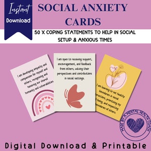 Tarjetas de declaración de afrontamiento de la ansiedad social para la oficina de terapia: herramientas de mentalidad de crecimiento, hoja de trabajo de terapia y recursos para aliviar la ansiedad