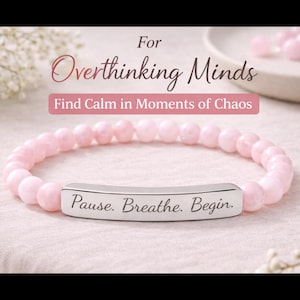 Personalized Pause Breathe Begin Bracelet | Engraved Bar Jewelry | Natural Stone Stretch for Anxiety Relief