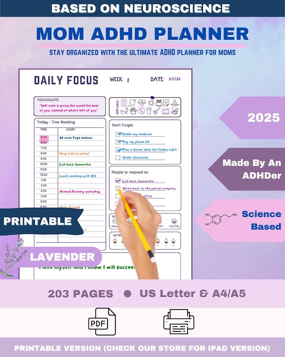 ADHD Printable Planner for Mom - Daily & Weekly Planner, Habit Tracker, Brain Dump, Self-Care Journal
