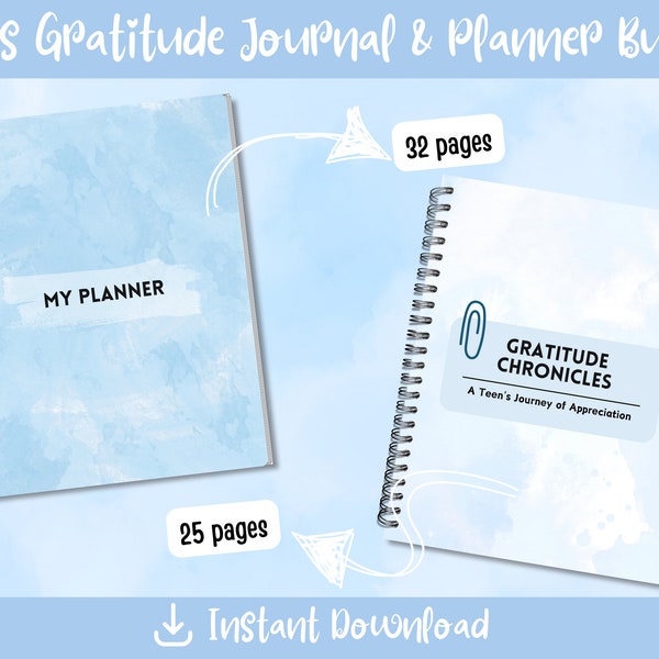 Teen Gratitude Planner & Journal Bundle - Digital PDF, Teen Self-Care Workbook, Instant Download, 57 Pages