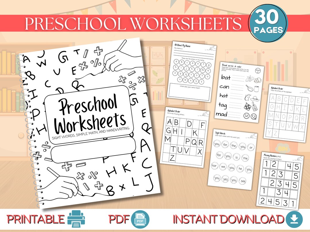 Printable Preschool Worksheets Bundle 30 Pages of Sight Words, Math ...