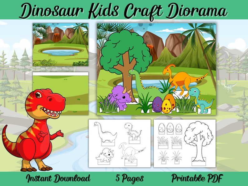 Printable Dinosaur Diorama Kit Fun DIY Craft &amp; Coloring Activity for ...