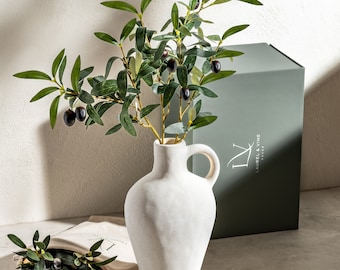 10" White Vase with 22" Faux Olive Branches Minimalist Nordic Decor Modern Home Decor Neutral Table Centerpiece Shelf Decor Holiday Gift