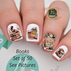 May include: Set of 50 nail decals featuring a book theme. The decals include a girl reading a book on a stack of books, a stack of books with flowers, and a sign that says "Easily Distracted by Books".