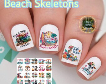 Beach Skeletons Nail Art Waterslide Decal Stickers set of 50 + Bonus, Instructions, Free US Shipping