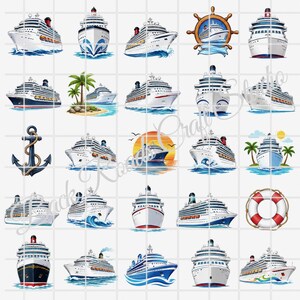 May include: A digital collection of cruise ship illustrations featuring various white vessels on blue water, some with palm trees, anchors, life rings, or ship wheels. The designs show ships from multiple angles, including front and side views.