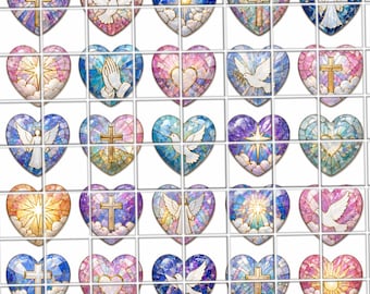 Set di 50 decalcomanie per nail art con motivo vetrata "Fede, Speranza, Amore" + istruzioni in omaggio.