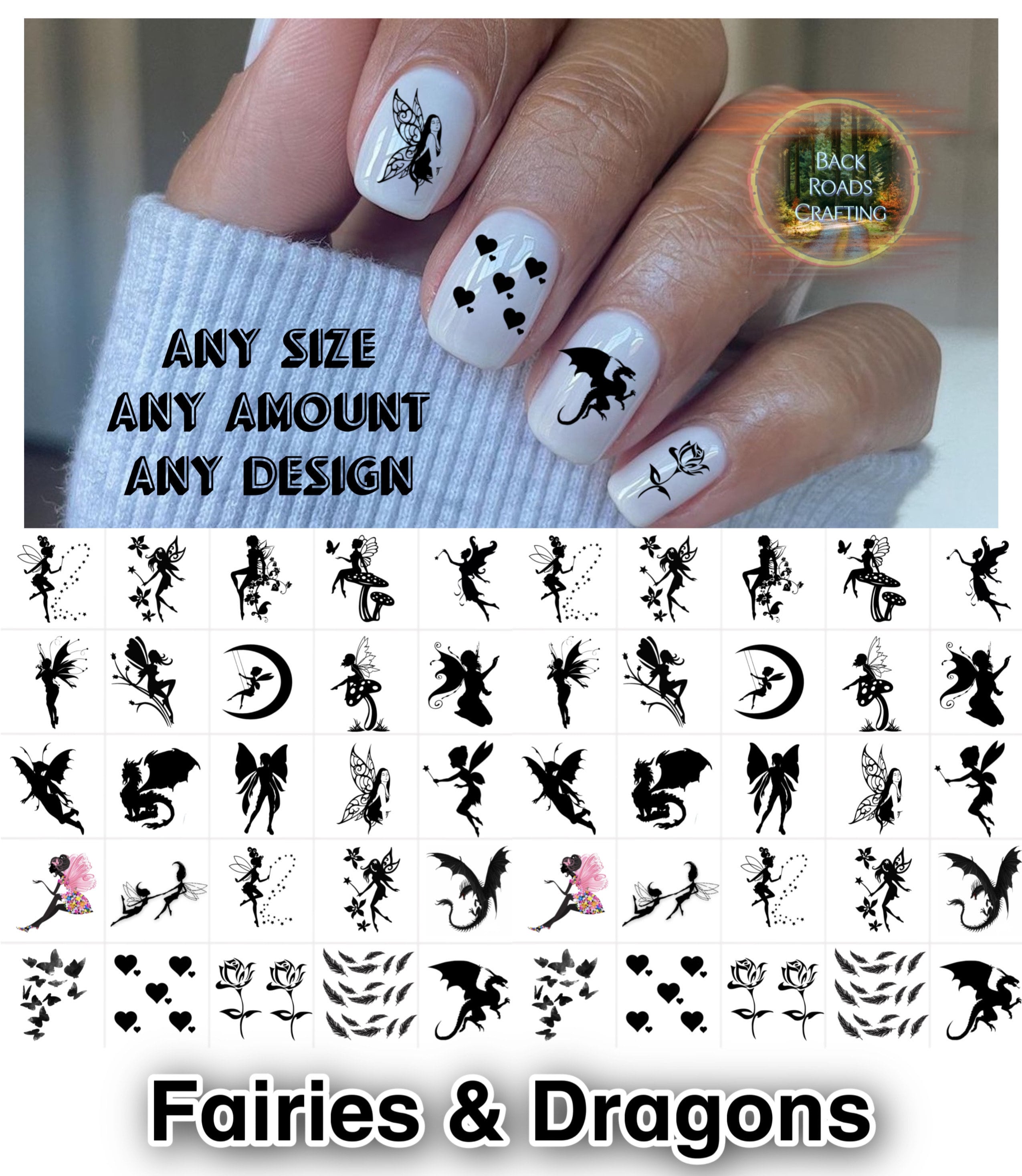 Fairies and dragons Nail Art Waterslide Decals set of 50 + Bonus, Instructions,