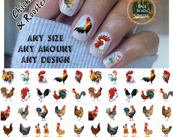 Chickens and Roosters Nail Art Waterslide  Decals set of 50 + Bonus, Instruction,  check out our custom listing to