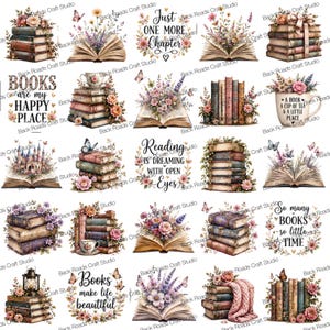 May include: A digital collection of twenty-five illustrations featuring stacks of vintage books, open books with floral arrangements, butterflies, teacups, and lanterns, accompanied by inspirational text phrases about reading and books.