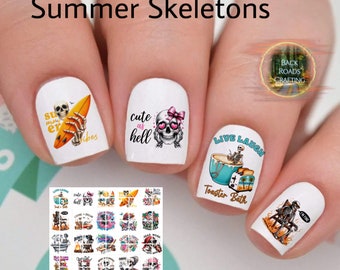 Summer Skeletons Nail Art Waterslide Decal Stickers set of 50 + Bonus, Instructions, Free US Shipping