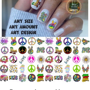 May include: Nail art featuring peace signs, the word "Love", and the phrase "Peace and Love" in a colorful, retro style. The image includes a variety of nail art designs with the words "Any Size, Any Amount, Any Design" and the words "Peace, Love, Hope".