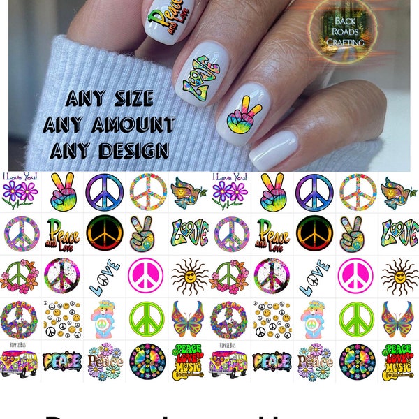 Peace love hope hippie  Nail Art Waterslide Stickers Decals set of 50 + Bonus, Instructions, Free US Shipping