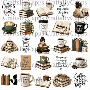 Può includere: Una collezione di illustrazioni con tazze di caffè, libri e citazioni correlate. Le immagini includono tazze di caffè con cuori, libri aperti e pile di libri. Il testo include "Coffee & Reading" e "Coffee, Books, Peace."