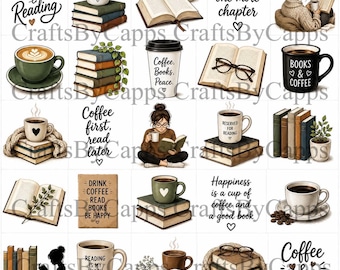 Books and coffee Nail Art Waterslide Decal  set of 50 + Bonus , Instructions KC