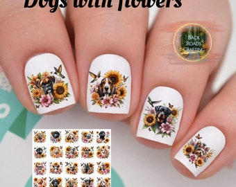 Dogs with flowers Nail Art Waterslide Stickers Decals set of 50 + Bonus, Instructions, Free US Shipping