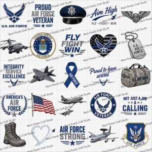 Puede incluir: Colección de diseños temáticos de la Fuerza Aérea, que incluyen logotipos, texto e ilustraciones. Presenta una gorra militar, una bolsa de lona, una cinta y una bota. Incluye el texto "U.S. Air Force", "Proud Air Force Veteran" y "Fly Fight Win".