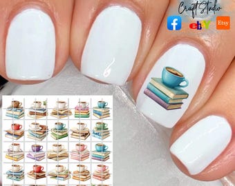 Books coffee tea read Nail Art Waterslide Decals set of 50 + Bonus, Instructions,