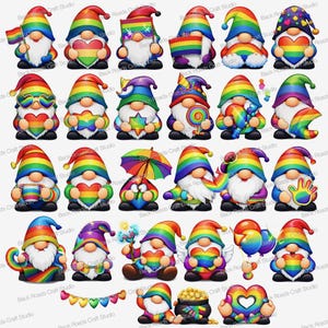 Pode incluir: Uma coleção de ilustrações de gnomos coloridos, cada uma com um tema de arco-íris. Os gnomos são retratados com vários acessórios, incluindo corações, bandeiras e guarda-chuvas. A imagem tem o texto "Back Roads Craft Studio".