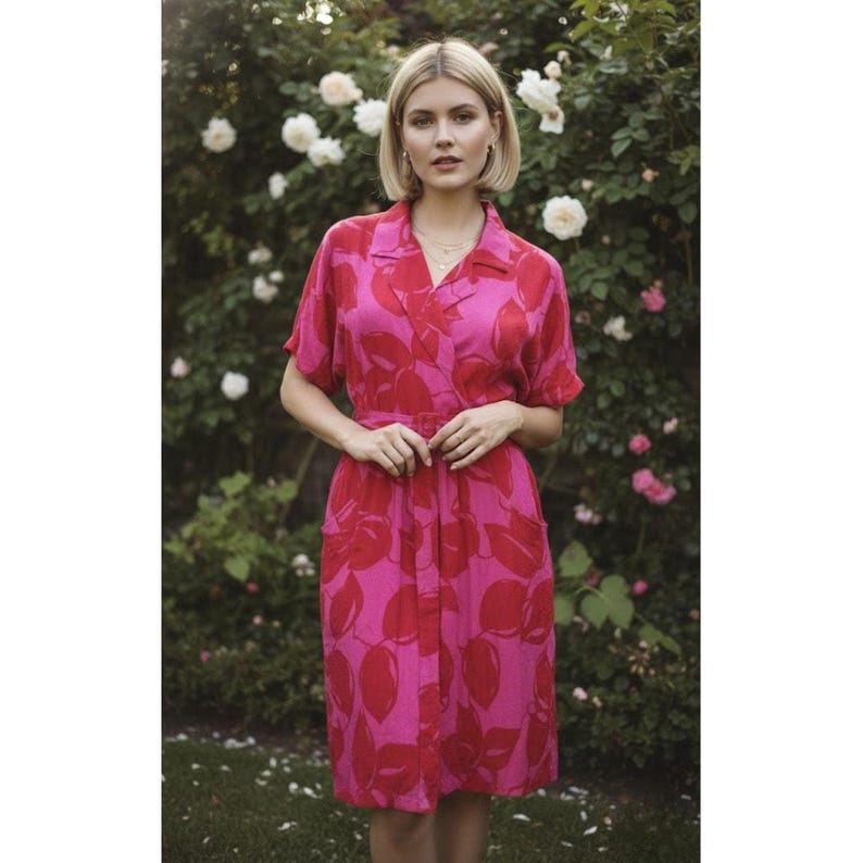 Vintage Adrianna Papell Silk Belted Dress Pink Red Floral Large image 1