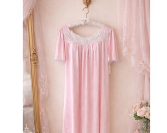 Vintage Miss Elaine Pink Nylon Lace Trim Nightgown Slip Dress Large NWT