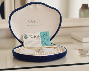 Vintage Deltah Simulated Pearl Triple-Strand Necklace Velvet Box Guarantee Card