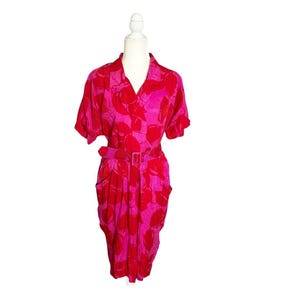 Vintage Adrianna Papell Silk Belted Dress Pink Red Floral Large image 2